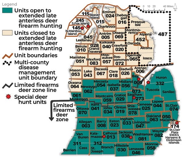 In addition to the early antlerless season, an extended late antlerless season was created by the MDNR. The extended late season is offered from Jan. 2-11, 2026, in Allegan, Barry, Bay, Calhoun, Clinton, Eaton, Genesee, Gratiot, Hillsdale, Ingham, Ionia, Isabella, Jackson, Kent, Lapeer, Lenawee, Livingston, Macomb, Mecosta, Midland, Monroe, Montcalm, Muskegon, Newaygo, Oakland, Ottawa, Saginaw, St. Clair (excluding DMU 174), Shiawassee, Wayne and Washtenaw counties; DMU 311 (Berrien, Cass and Van Buren counties); DMU 312 (Branch, Kalamazoo and St. Joseph counties); and DMU 332 (Huron, Sanilac and Tuscola counties). A discounted antlerless license for this extended season will be available for $5 per license with a bag limit of 10 and does not count toward the purchase limit of 10 universal antlerless deer licenses per hunter. Details of late extended season are found on page 26 in the 2025 Deer Hunting Regulations Summary